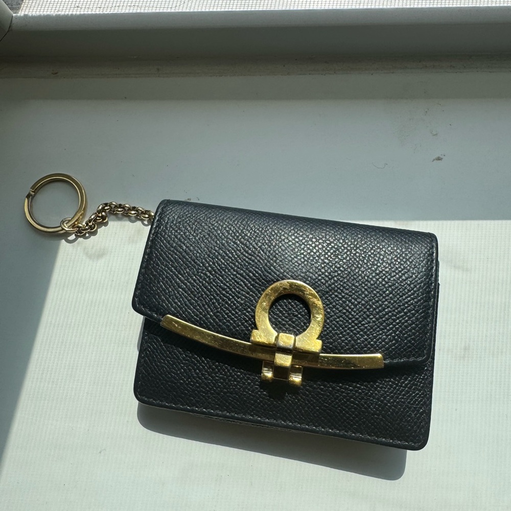 Salvatore Ferragamo Black Leather Card Holder with Gold Ring